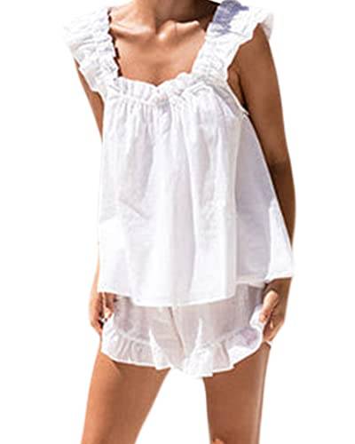 Damen Sommer 2-teiliges Outfit ärmellos rückenfrei Rüschen Weste und einfarbige Rüschen Shorts Hose Loungewear Set, A-weiß, 38 von Acrawnni