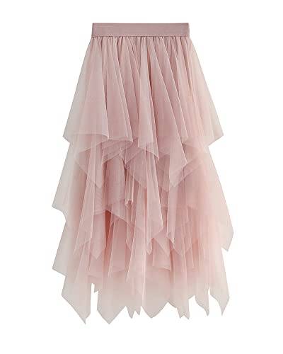 Damen-Tüllrock, elastisch, hohe Taille, Blumendruck, Abgestuft, geschichtet, unregelmäßiges Mesh, Ballett, Abschlussball, Party, Tüll, Tutu, Midirock in A-Linie (B-Pink, ONE Size) von Acrawnni