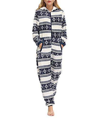 Hoodie-Footie Einteiliger Schlafanzug für Damen – Fleece-Jumpsuit mit Kapuze und Reißverschluss, Blaue Schneeflocke, 38 von Acrawnni