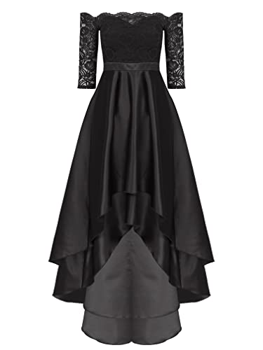 Agoky Damen Schulterfrei Kleid Festlich Spitzen Partykleid mit Unregelmäßig Ausgestellt Rock Swing Abendkleider Cocktailkleider Tanzkleid Schwarz 48 von Agoky