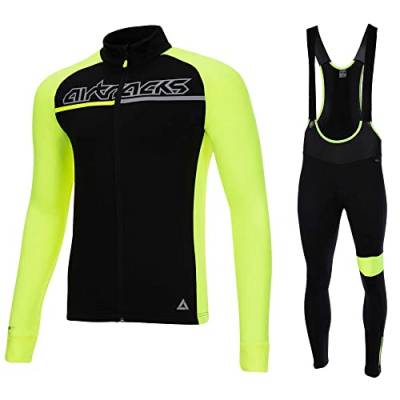 Airtracks Herren Winter Fahrradtrikot Set Pro Team II - Thermo Trägerhose Pro Team II - Thermo Fahrradtrikot Pro Team - optimal für Herbst - Winter - schwarz-neon - L von Airtracks