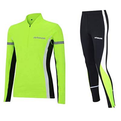 Airtracks Herren Winter Laufset Thermo Laufhose Lang Laufshirt Langarm Sweatshirt Fleece Funktionsshirt Sport Langarmshirt Jogginghose Leggins - neon - L von Airtracks