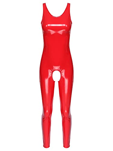 Aislor Damen Einteilig Body Wetlook Bodysuit Ouvert Catsuit Ärmellos Jumpsuit Lackleder Leotard Ganzkörperanzug Lingerie Clubwear Z Rot D 4XL von Aislor