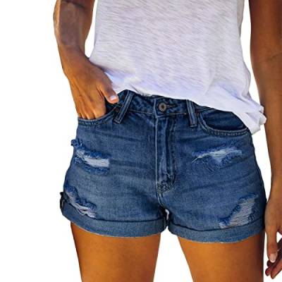 Jeansshorts für Damen,Shorts für Damen Denim - Zerrissene Jeansshorts mit mittlerer Leibhöhe und dehnbarem, gefaltetem Saum,Blaue Jeansshorts für Damen, Sommershorts für den täglichen Gebrauch Aizuoni von Aizuoni