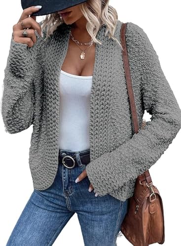 Aleumdr Damen Strickjacke Kurz Casual Cardigan Damen Herbst Strickmantel Elegant Fleecejacke Grau Größe Medium von Aleumdr