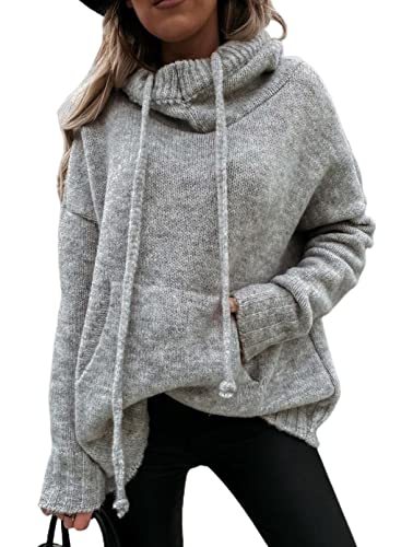 Aleumdr Hoodie Pullover Damen Oversize Strickpullover Damen Elegant Kapuzenpullover Herbst Strickpulli mit Kapuze Rollkragenpullover Sweatshirts Langarm Winterpullover,Grau L von Aleumdr