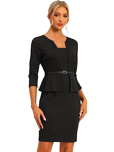 Allegra K Damen Bleistiftkleid Elegant Figurbetont Etuikleid Schößchen und Gürtel Minikleid Kleid Schwarz XS von Allegra K