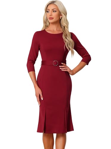 Allegra K Damen Etuikleid Elegantes Rundhalsausschnitt 3/4-Ärmel Büro mit Gürtel Bleistift Kleid Rot XL von Allegra K