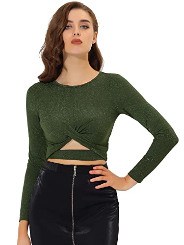 Allegra K Damen Glitzer Tops Twist Langarm Cut Out Front Slim Fitted Crop Top, armee-grün, Groß von Allegra K