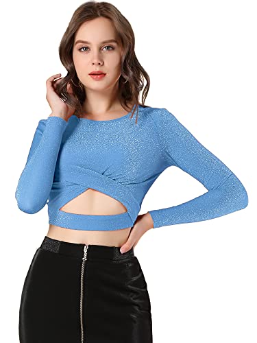 Allegra K Damen Cut Out Oberteil Festival Glitzer Langarm Rundhals Crop Top Bauchfreies Shirt Himmelblau M von Allegra K