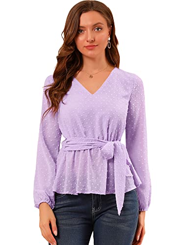 Allegra K Damen Laterne Ärmel V Neck Bindegürtel Schweizer Punkte Chiffon Peplum Top Bluse Lavendel L von Allegra K