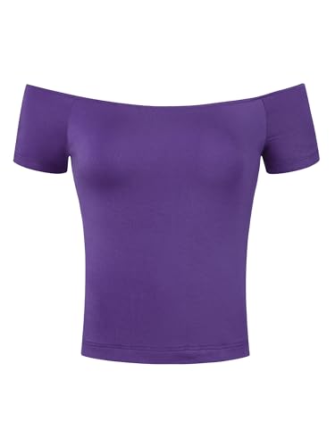 Allegra K Damen Oberteile Schulterfrei Crop Bluse Kurzarm Slim Fit Einfarbig Kurz Tops Violett S von Allegra K