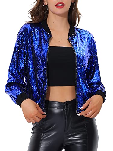 Allegra K Damen Bomberjacke Pailletten Jacke Langarm Party Club Metallic Glitzer Sequin Jacken Blau S von Allegra K