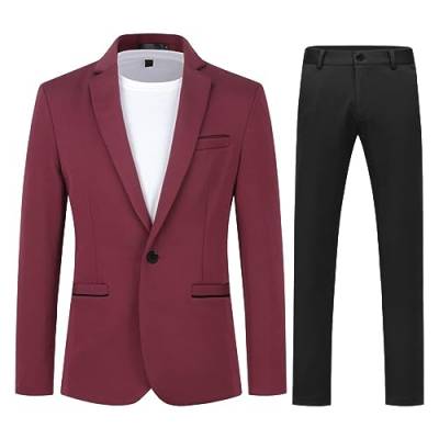 Allthemen Anzug Herren 2 Teilig Slim Fit Herrenanzug EIN Knopf Business Hochzeitanzug für Männer Weinrot(schwarz Hose) S von Allthemen