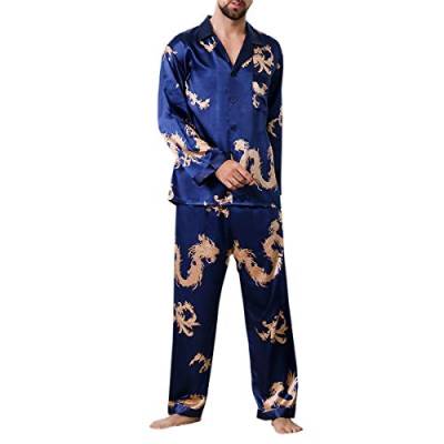 Allthemen Herren Satin Pyjama Schlafanzug Lang Hausanzug Nachtwäsche Langarm Shirt und Pyjamahose #18009 Blau S von Allthemen