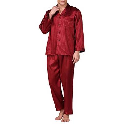 Allthemen Herren Satin Pyjama Schlafanzug Lang Hausanzug Nachtwäsche Langarm Shirt und Pyjamahose #89001 Rot XL von Allthemen