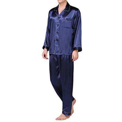 Allthemen Herren Satin Pyjama Schlafanzug Lang Hausanzug Nachtwäsche Langarm Shirt und Pyjamahose #89002 Blau1 XL von Allthemen