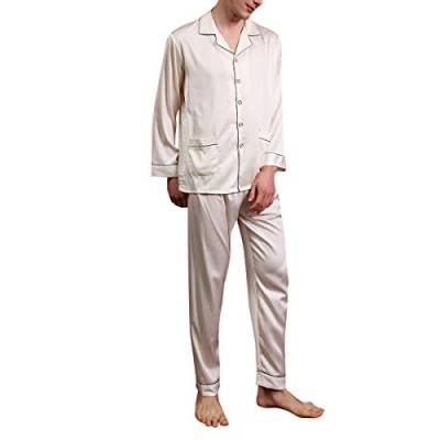 Allthemen Herren Satin Pyjama Schlafanzug Lang Hausanzug Zweiteiliger Nachtwäsche Langarm Shirt und Pyjamahose Beige XXL von Allthemen