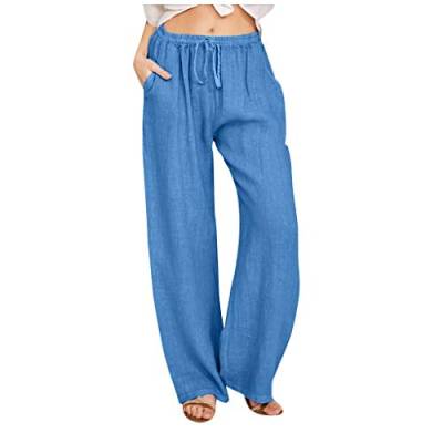 Alueeu Damen Sommerhose Leinen Leicht Freizeithose Frauen Straight Weite Beine Hose Leinenhose Lange Loose Beach Pants Mädchen Strandhose Fit Hosen Lässige Stoffhose Jogginghose Yogahose, Z-blau, 3XL von Alueeu