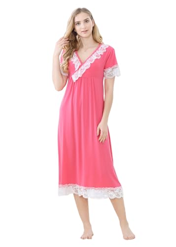 Alunsito Nachthemd für Damen Schlafhemden V-Ausschnitt kurzärmelig Nachtwäsche Spitzenbesatz weiche Kurze Nachthemden groß rosarot von Alunsito