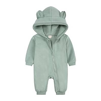 Alunsito Neugeborenes Baby Jungen Mädchen Strampler Baumwolle Bärenohr Lange Ärmel Reißverschluss Hoodie Bodys Overall Outwear Grün 90 1-2 Jahre von Alunsito