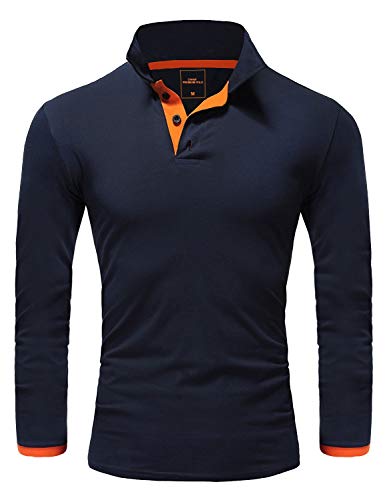 Amaci&Sons Herren Poloshirt Basic Kontrast Langarm Polohemd Shirt 5201 Navyblau/Orange 4XL von Amaci&Sons