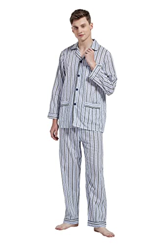 Amaxer Herren Zweiteiliger Schlafanzug Kariert Baumwolle Pyjama Set Nachtwäsche Hausanzug Langarm Oberteil mit Taschen Schlafanzughose mit Kordelzug Blaue und Graue Streifen L von Amaxer