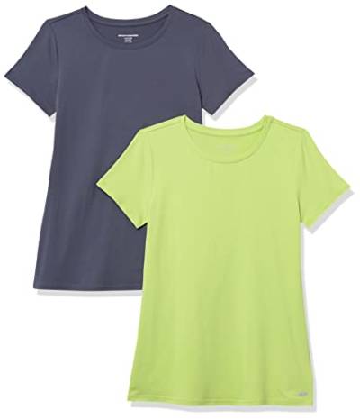 Amazon Essentials Damen Kurzärmliges Tech-Stretch-T-Shirt mit Rundhalsausschnitt (in Übergröße erhältlich), 2er-Pack, Lindgrün/Schiefergrau, XS von Amazon Essentials