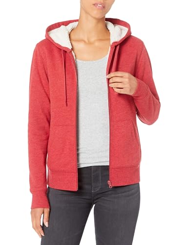 Amazon Essentials Damen Sherpa-gefütterte Fleece-Kapuzenjacke mit durchgehendem Reißverschluss (erhältlich in Übergröße), Rot Meliert, XS von Amazon Essentials