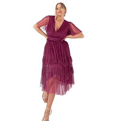 Anaya with Love Damen Women's Midi Dress Ladies V Neckline Short Sleeve Ruffles Empire Waist Tiered Tulle Skirt for Wedding Guest Bridesmaid Brautjungfernkleid, Plum, von Anaya with Love