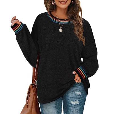 Aokosor Damen Sweatshirt ohne Kapuze Fleece Pullover Tunika Lang Fuzzy Sweater Dünn Oberteile Loose Fit Long Sleeve Shirt Langarmshirt Fleecejacken Polarfleece Rundhals Regenbogen Winter Schwarz S von Aokosor