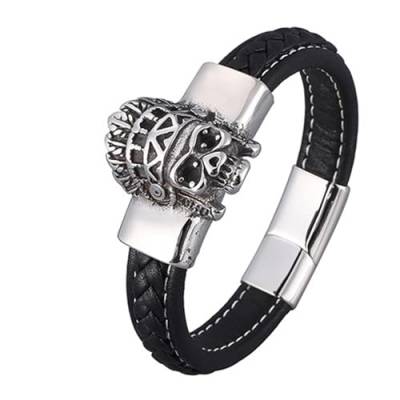 Aotiwe Bracelet Men Leather, Dünnes Armband Herren Lederarmreif mit Totenkopf Magnetschnalle Silber Schwarz Armband Mann Dünn 16.5cm von Aotiwe