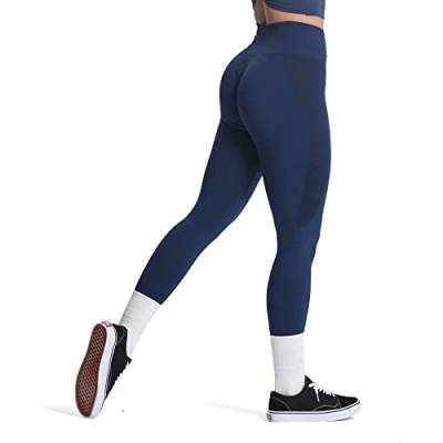 Aoxjox Nahtlose Scrunch-Leggings für Damen, Bauchkontrolle, Workout, Fitnessstudio, Sport, aktive Yogahose, Ein Smoking in Marineblau, S von Aoxjox