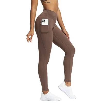 Aoxjox Trinity Yogahose mit hoher Taille und Taschen für Damen, Bauchkontrolle, Cross-Taille, Crossover, Workout-Leggings, Fudge Coffee (V-Bund), Klein von Aoxjox