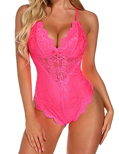 Aranmei Sexy Body mit Schnappverschluss im Schritt für Frauen, frech, einteilig, Spitze, Babydoll, Dessous, Teddy, rosarot, 42 von Aranmei