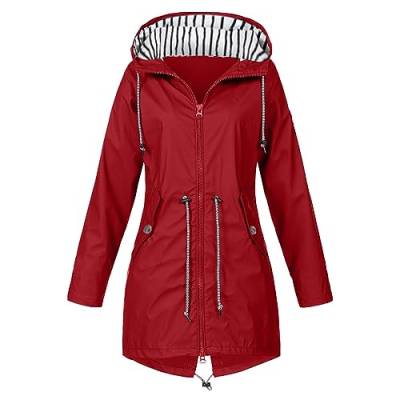 Regenjacke Damen Wasserdicht Atmungsaktiv Große Größen Regenmantel mit Kapuze Lang Schwarz Softshelljacke Gelb Outdoorjacke Übergangsjacke Leichte Jacke für Frühlings Herbst zum Wandern (A1-Red, XXL) von Archedeer