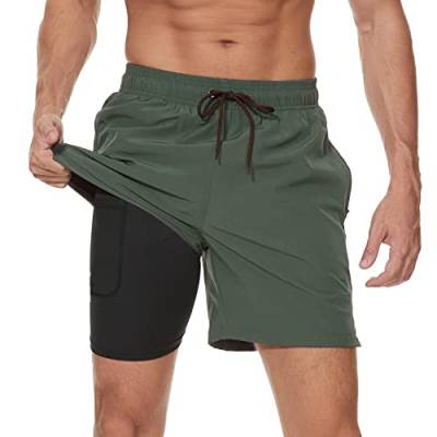 Arcweg Badehose für Herren mit Kompression Liner 2 in 1 Atmungsaktiv Badeshorts Männer Elastisch Trainingsshorts Verstellbar Tunnelzug mit Reißverschlusstaschen Militärgrün M von Arcweg