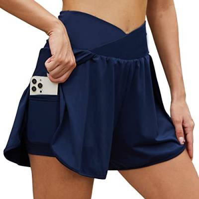 Arcweg Damen Sporthose Kurz Laufhose High Waist 2 in 1 Laufshorts Fitness Sporthose Running Yoga Jogging Elastisch Schnelltrocknende Shorts mit Reißverschlusstasche Marine XXL（EU） von Arcweg