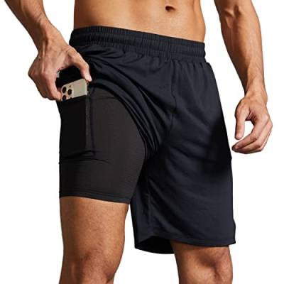 Arcweg Sporthose Herren Kurz 2 in 1 Laufhose Sports Shorts Schnell Trocknend Sport Kurze Hosen mit Reissverschluss Taschen Trainingshose fur Outdoor Sport Gym Schwarz 2XL（EU） von Arcweg