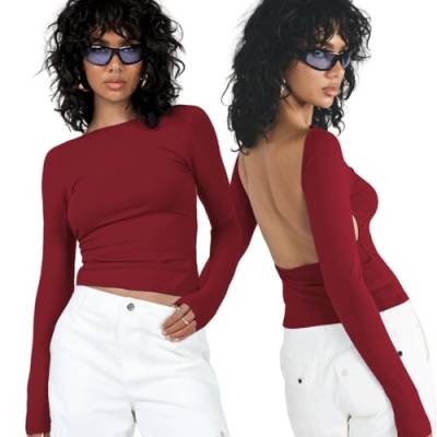 Arkim Backless Top Langarmshirts Damen Long Sleeve Y2k Top Basic Crop Tops Y2K Rückenfreies Oberteil Sexy Y2k Shirt Stil Strassenmode Neu Longsleeve Damen(Burgund,M) von Arkim