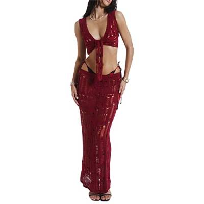 Damen Strick-Badeanzug Cover Up Y2K Zweiteilige Outfits Ärmellos Cropped Tank Top Hohe Taille Strand Maxi Rock Set, I-rot, S von Aststle