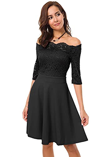 Atnlewhi Abendkleider Damen Cocktailkleid Vintage Blumen Hochzeit Party Spitze Swing Kleid, Schwarz , Small von Atnlewhi