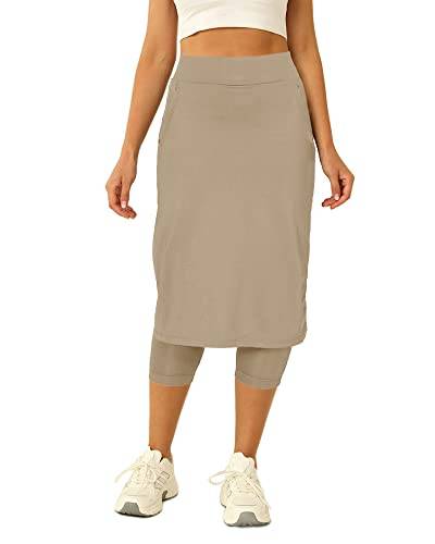 Aurgelmir Damen-Tennisrock mit Capri-Leggings, knielang, sportlich, lange Röcke für Damen, mit Taschen, Khaki, Klein von Aurgelmir