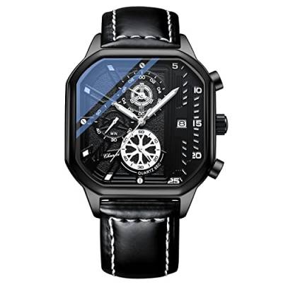 Avaner Herren Uhr Modische Armbanduhr mit Quadratische Gehäuse Leuchtzeiger Kalender 3 Kleine Zifferblatt Multifunktional Uhr Lederband Quarzuhr für Männer von Avaner