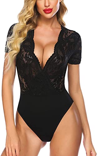 Avidlove Damen Lace Body Sexy Kurzarm Bodysuit Bluse V Ausschnitt Mesh Tops Elegante Oberteile Mit Snap Crotch，Schwarz XXL von Avidlove