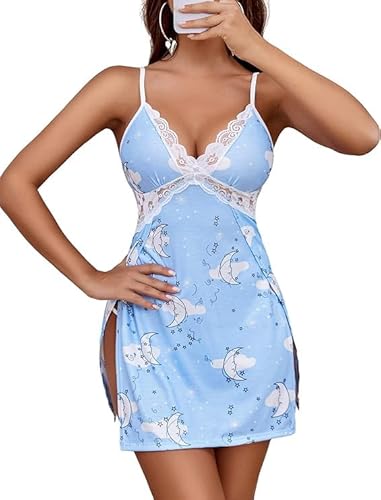 Avidlove Damen Nachtkleid Sexy Dessous Set Spaghetti-Träger Babydoll Nachtwäsche V-Ausschnitt Lingerie Schlitz Negligee Mit G-String，HimmelblauS von Avidlove