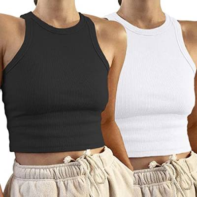 Avondii Damen Crop Tops Sommer Kurz Oberteil Ärmelloses Top(S, Schwarz+Weiß) von Avondii