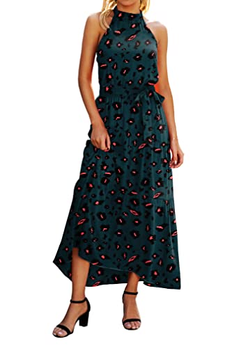 Awemeal Sommerkleid Damen Lang Blumenmuster Boho Kleid Ärmellos Neckholder Strandkleid Rüsche Maxikleid mit Gürtel （M, 259 Dunkelgrün） von Awemeal