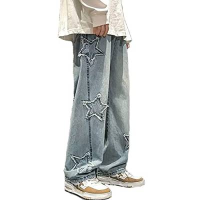 Awoyep Baggy Jeans Herren Hip Hop Jeanshose Vintage Patchwork Y2k Star Straight Jeans Teenager Jungen Skateboard Hose Streetwear (Color : Blue, Size : XL) von Awoyep