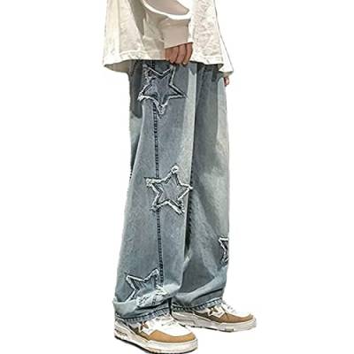 Awoyep Herren Jeans Hosen Y2K Bedruckte Baggy Hip Hop Jeans Gerades Bein Gewaschene Vintage Denim Hosen Teenager Jungen Skateboard Hosen Streetwear (Color : Blue, Size : M) von Awoyep
